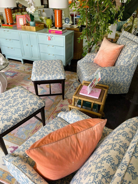 Pair of Blue & White Custom Upholstered Armchairs with Matching Ottomans Ready to Ship! - Hibiscus House