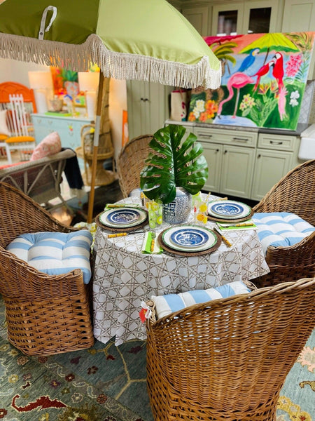 Set of Four Vintage Barrel Back Chairs with Blue & White Striped Cushions - Hibiscus House