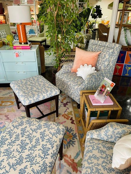 Pair of Blue & White Custom Upholstered Armchairs with Matching Ottomans Ready to Ship! - Hibiscus House