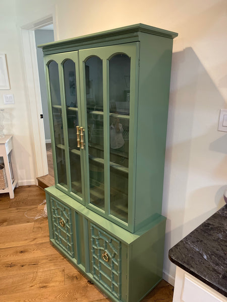 Vintage Faux Bamboo China Cabinet with Fretwork Detailing Available for Custom Lacquer! - Hibiscus House