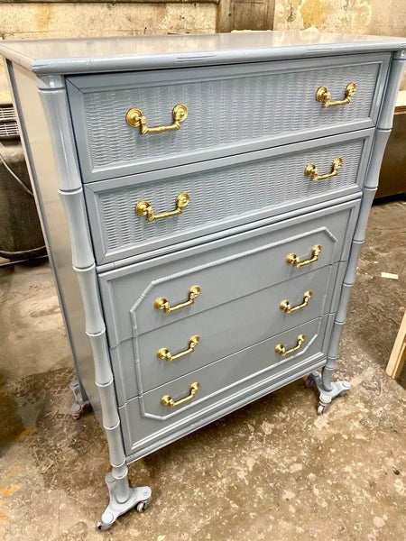 Vintage Broyhill Furniture Faux Bamboo Tallboy Chest Available for Lacquer - Hibiscus House