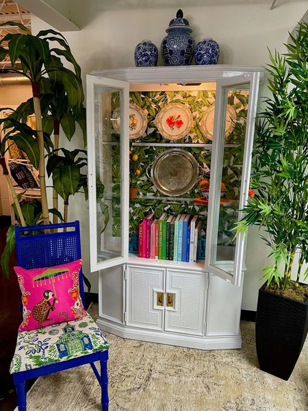 Vintage Bassett Bamboo & Cane Front Two Piece China Cabinet Available for Custom Lacquer!