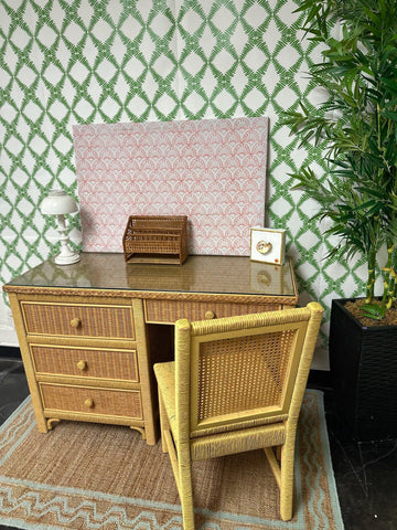 Vintage Henry Link Two Tone Rattan/Wicker Desk and Chair Available and Ready to Ship! - Hibiscus House