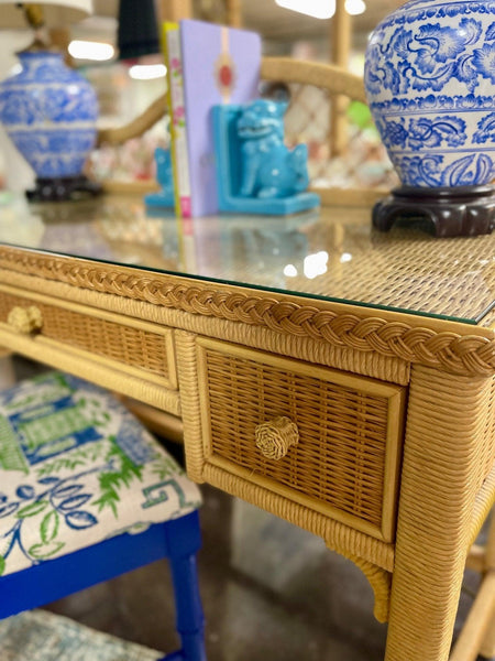 Vintage Henry Link Glass Top Wicker Desk Ready to Ship! - Hibiscus House