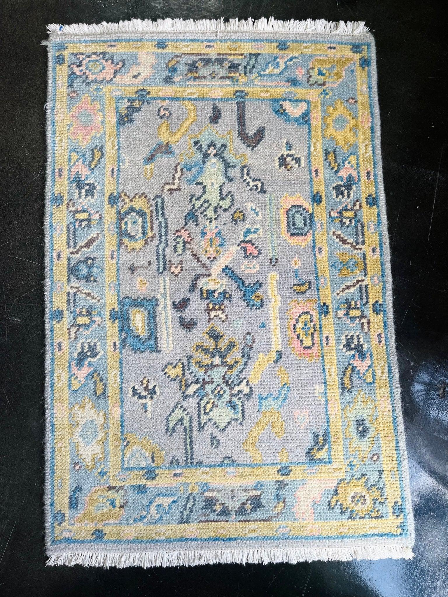 Blues and Yellows 2’x3’ Mini Oushak Rug by English Village Lane Ready To Ship - Hibiscus House