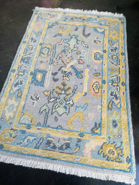 Blues and Yellows 2’x3’ Mini Oushak Rug by English Village Lane Ready To Ship - Hibiscus House