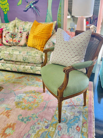 Custom Silk Upholstered Vintage Cane Armchair Ready to Ship! - Hibiscus House