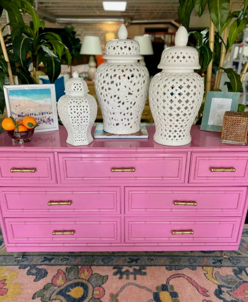 Vintage Dixie Aloha Six Drawer Bamboo Dresser with Fretwork Available for Lacquer Customization - Hibiscus House