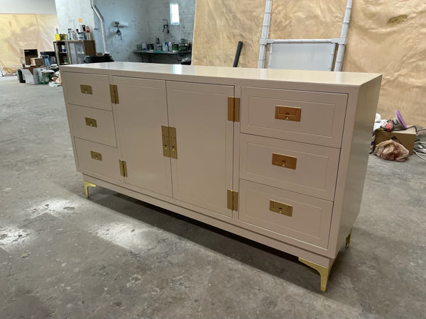 Stunning Henredon Campaign Style Seven Drawer Dresser Available for Lacquer