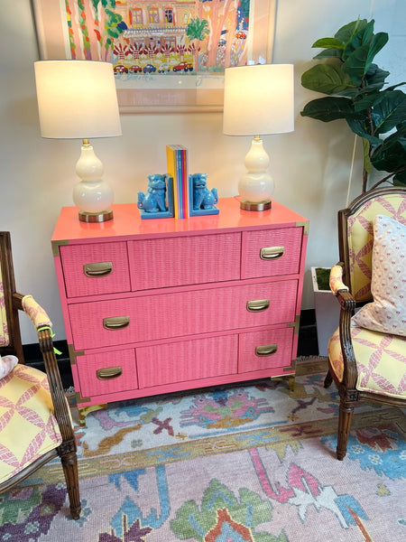 Vintage Lea Furniture Three Drawer Chest Lacquered in Begonia Available & Ready to Ship!