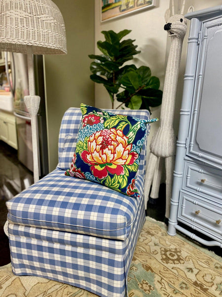 Pair of Vintage Ashley Manor Blue & White Upholstered Slipper Chairs - Hibiscus House