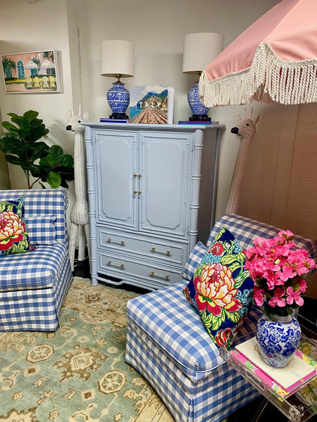 Pair of Vintage Ashley Manor Blue & White Upholstered Slipper Chairs - Hibiscus House