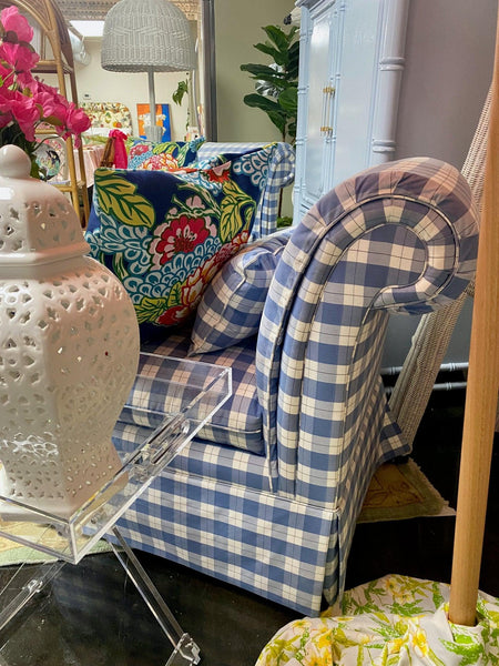 Pair of Vintage Ashley Manor Blue & White Upholstered Slipper Chairs - Hibiscus House