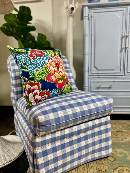 Pair of Vintage Ashley Manor Blue & White Upholstered Slipper Chairs - Hibiscus House