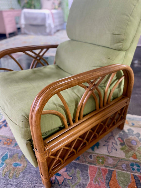 Pair of Vintage Green Rattan Recliners and Table by Classic Rattan Inc Ready to Ship! - Hibiscus House