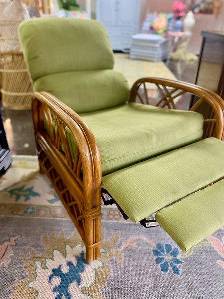 Pair of Vintage Green Rattan Recliners and Table by Classic Rattan Inc Ready to Ship! - Hibiscus House