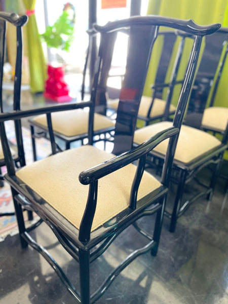 Vintage Set of Six Black Lacquered Chinoiserie Chairs with Pagoda Accented Backs Ready to Ship! - Hibiscus House