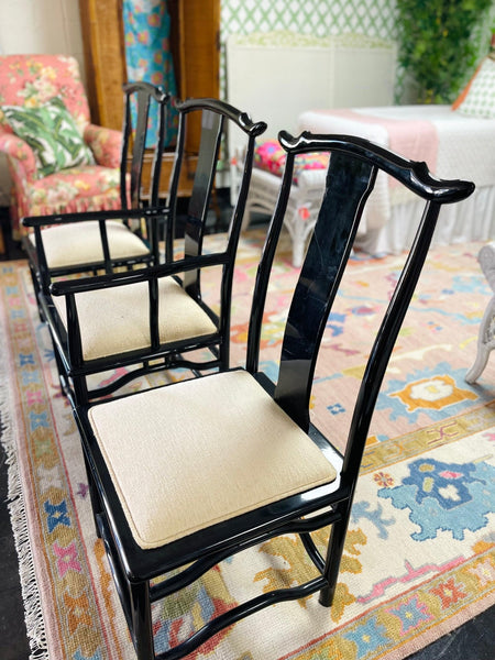 Vintage Set of Six Black Lacquered Chinoiserie Chairs with Pagoda Accented Backs Ready to Ship! - Hibiscus House