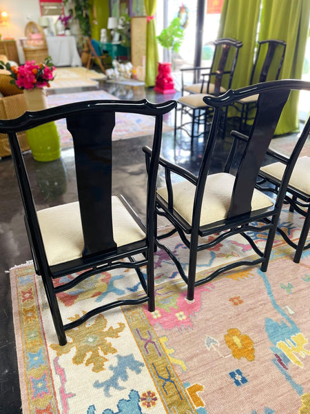 Vintage Set of Six Black Lacquered Chinoiserie Chairs with Pagoda Accented Backs Ready to Ship! - Hibiscus House