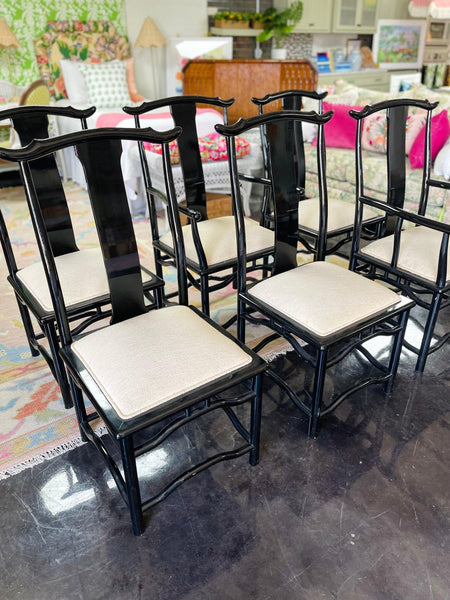 Vintage Set of Six Black Lacquered Chinoiserie Chairs with Pagoda Accented Backs Ready to Ship! - Hibiscus House