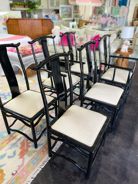 Vintage Set of Six Black Lacquered Chinoiserie Chairs with Pagoda Accented Backs Ready to Ship! - Hibiscus House