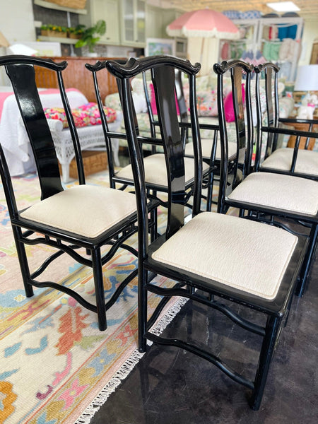 Vintage Set of Six Black Lacquered Chinoiserie Chairs with Pagoda Accented Backs Ready to Ship! - Hibiscus House