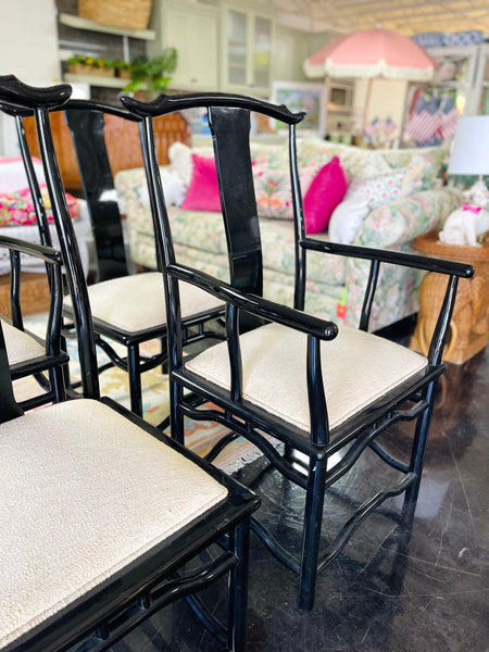 Vintage Set of Six Black Lacquered Chinoiserie Chairs with Pagoda Accented Backs Ready to Ship! - Hibiscus House