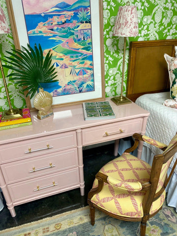 Vintage Faux Bamboo Writing Desk Lacquered in Georgia Pink Ready to Ship! - Hibiscus House