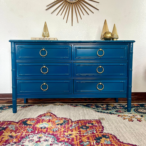 Vintage Dixie Aloha Six Drawer Bamboo Dresser with Fretwork Available for Lacquer Customization - Hibiscus House