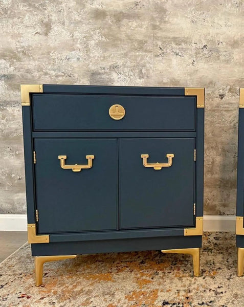 Vintage Pair of Thomasville Campaign Style Nightstands Available for Custom Lacquer! - Hibiscus House