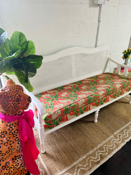 Vintage 1940's Wood Settee with Cane Detailing and Adorable Leopard Upholstery Ready to Ship