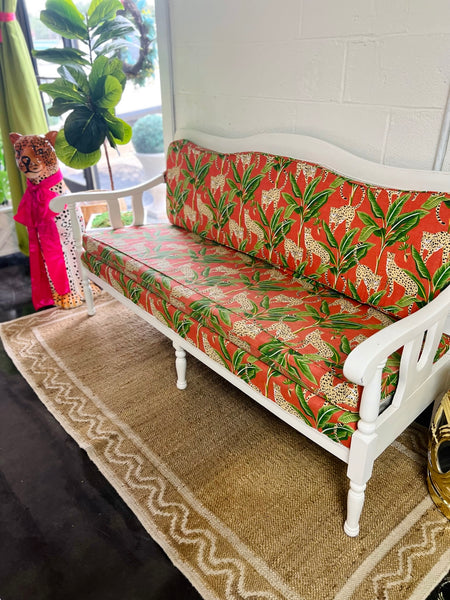 Vintage 1940's Wood Settee with Cane Detailing and Adorable Orange Outdoor Upholstery