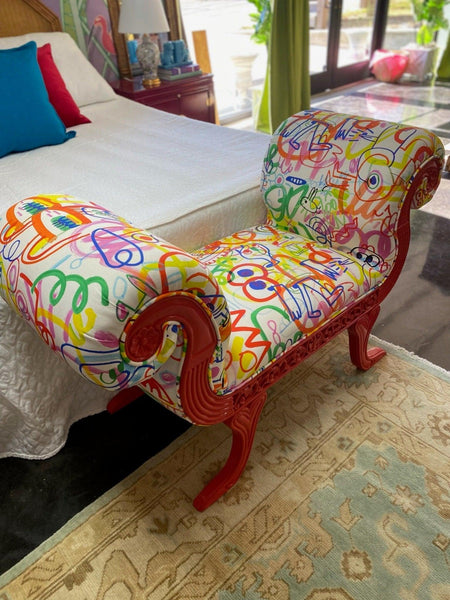 Art Deco Custom Graffiti Scrolled Red Lacquered Bench Settee Ready to Ship! - Hibiscus House