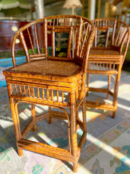 Pair of Vintage Brighton Pavilion Style Bamboo Bar Stools Ready to Ship! - Hibiscus House