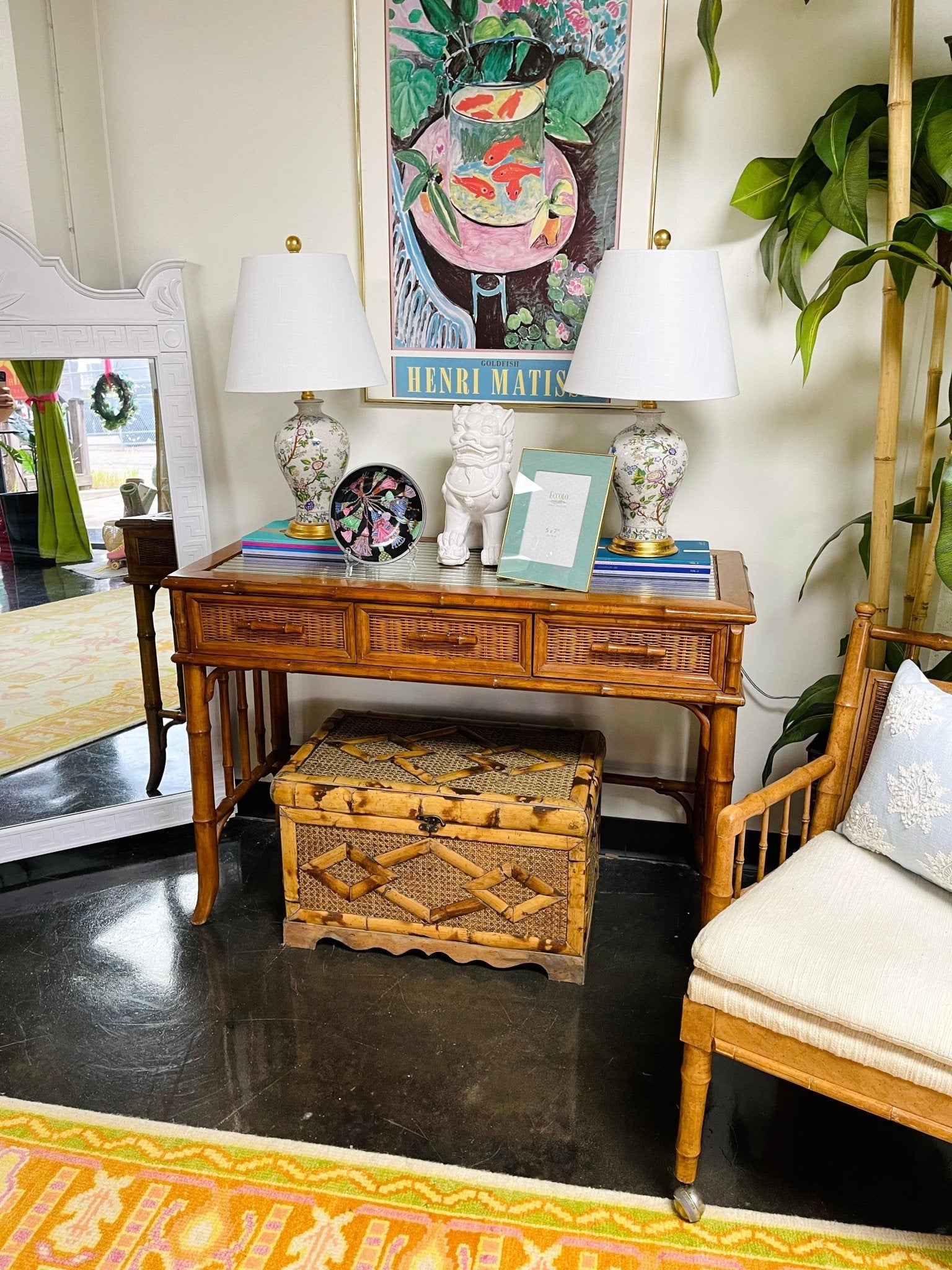 Vintage McGuire Faux Bamboo Bentwood Desk/ Console with Chair Ready to Ship! - Hibiscus House