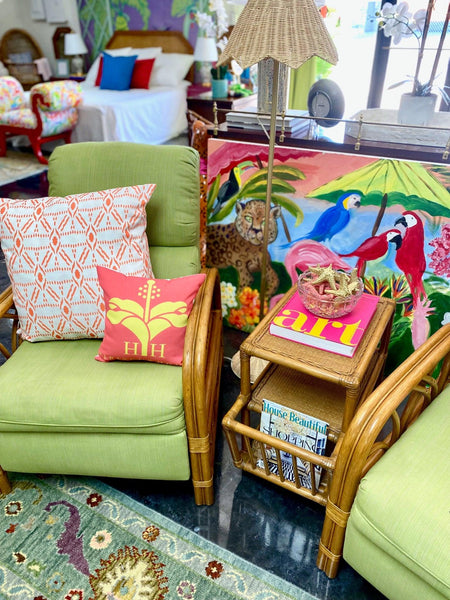 Pair of Vintage Green Rattan Recliners and Table by Classic Rattan Inc Ready to Ship! - Hibiscus House