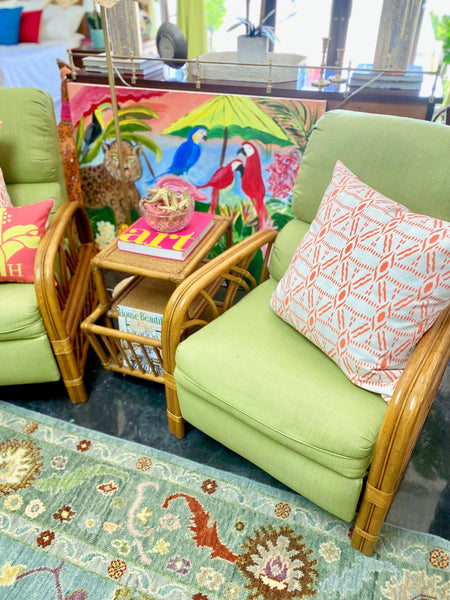 Pair of Vintage Green Rattan Recliners and Table by Classic Rattan Inc Ready to Ship! - Hibiscus House