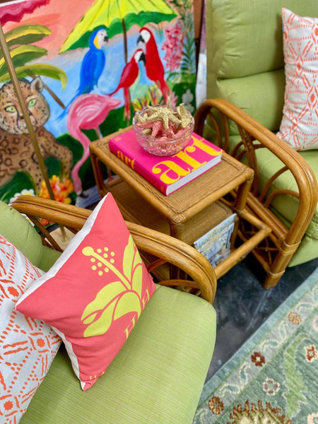 Pair of Vintage Green Rattan Recliners and Table by Classic Rattan Inc Ready to Ship! - Hibiscus House