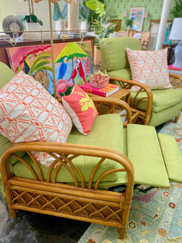 Pair of Vintage Green Rattan Recliners and Table by Classic Rattan Inc Ready to Ship! - Hibiscus House