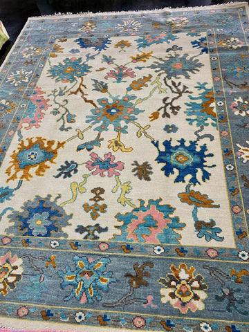 Blue, Pink, and Orange with Cream Base Persian Hand-Knotted 9x12 Rug (Ships Free!) - Hibiscus House