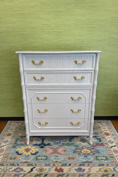 Broyhill Bamboo Tallboy Chest of Drawers Lacquered in Blue Heather Ready to Ship