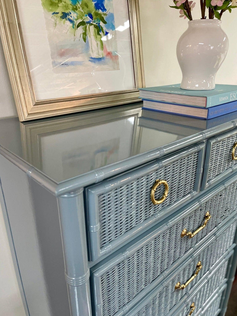 blue wicker dresser Lifestorey Taylor Mid Century Modern 6 Drawer Dresser with Natural Cane Midnight Blue