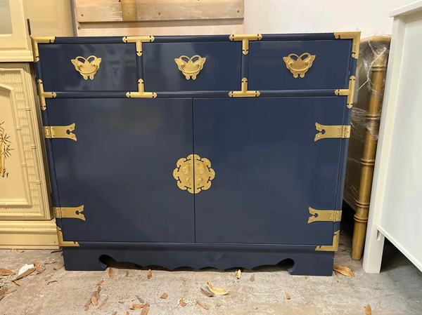 Vintage Tansu-Style Lingerie Chest with Unique Butterfly Hardware Available for Custom Lacquer