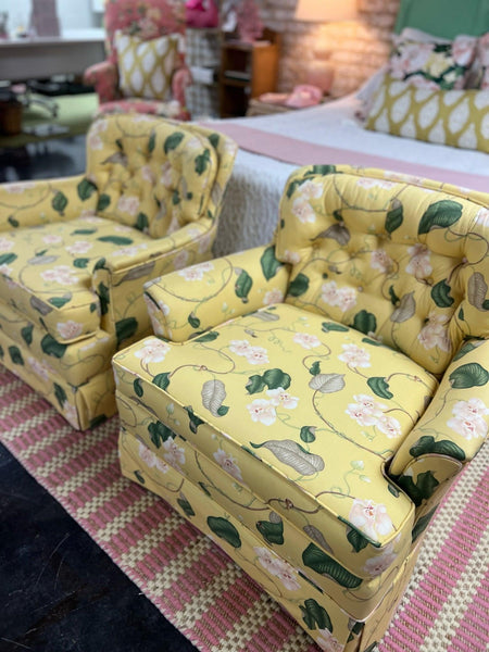 Adorable Barrel & Tufted Back Floral Upholstered Chair Pair ﻿Ready to Ship - Hibiscus House