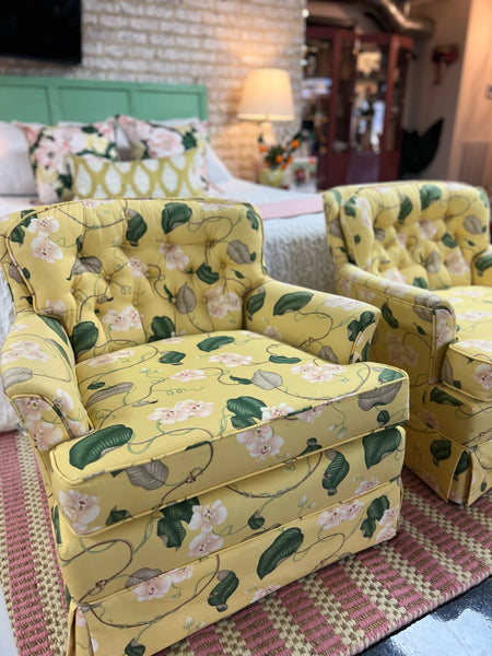 Adorable Barrel & Tufted Back Floral Upholstered Chair Pair ﻿Ready to Ship