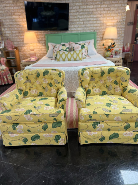 Adorable Barrel & Tufted Back Floral Upholstered Chair Pair ﻿Ready to Ship