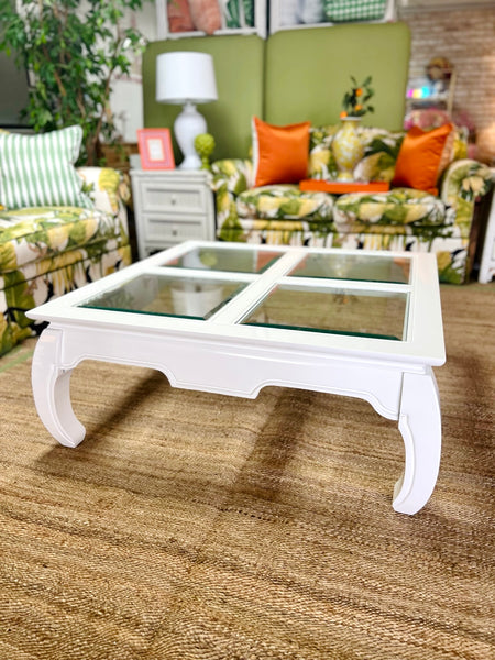 Vintage Ming Style Glass Top Coffee Table Lacquered in White Dove Ready to Ship