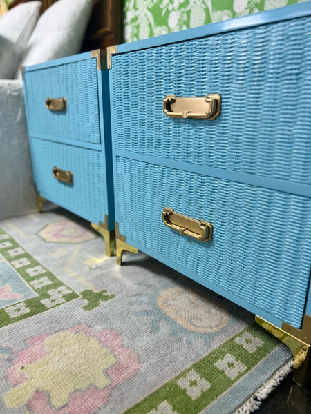 Pair of Vintage Campaign Style Wicker Front Two Drawer Nightstands Lacquered in Seaside Blue Ready to Ship!