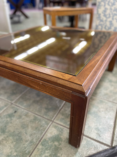 Vintage Caned Top Coffee Table with Inlaid Glass & Gold Trim Available for Custom Lacquer!