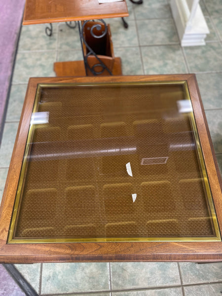 Vintage Caned Top Coffee Table with Inlaid Glass & Gold Trim Available for Custom Lacquer!